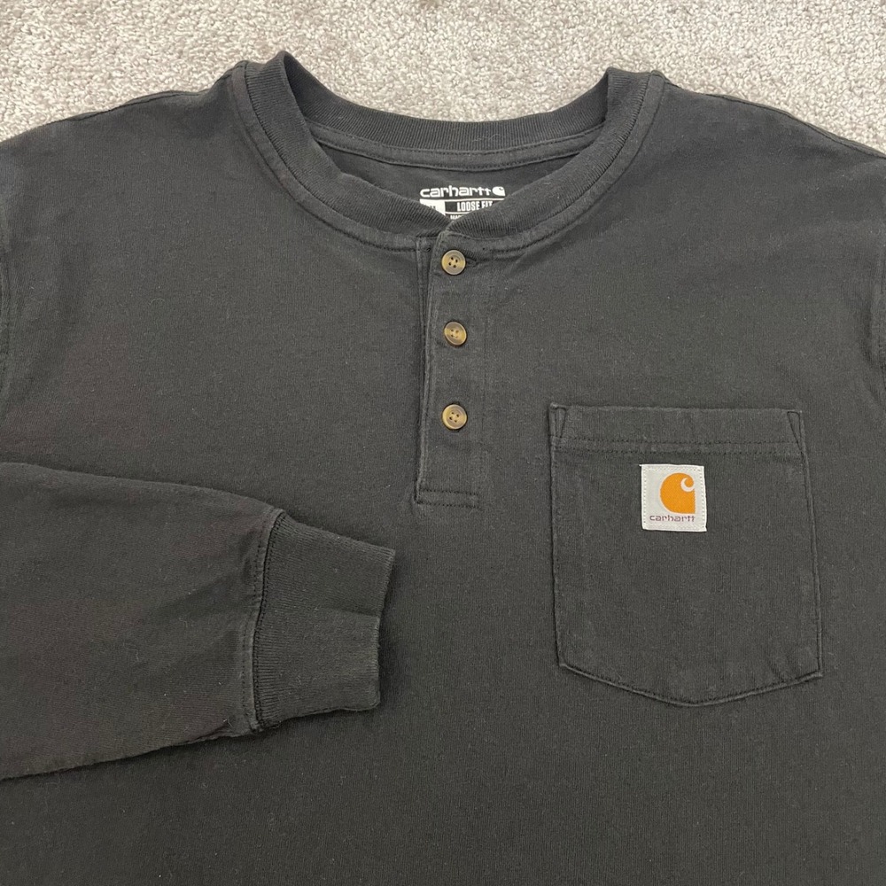 Carhartt Men Medium Loose Fit Black Long Sleeve Henley Pocket Shirt Workwear